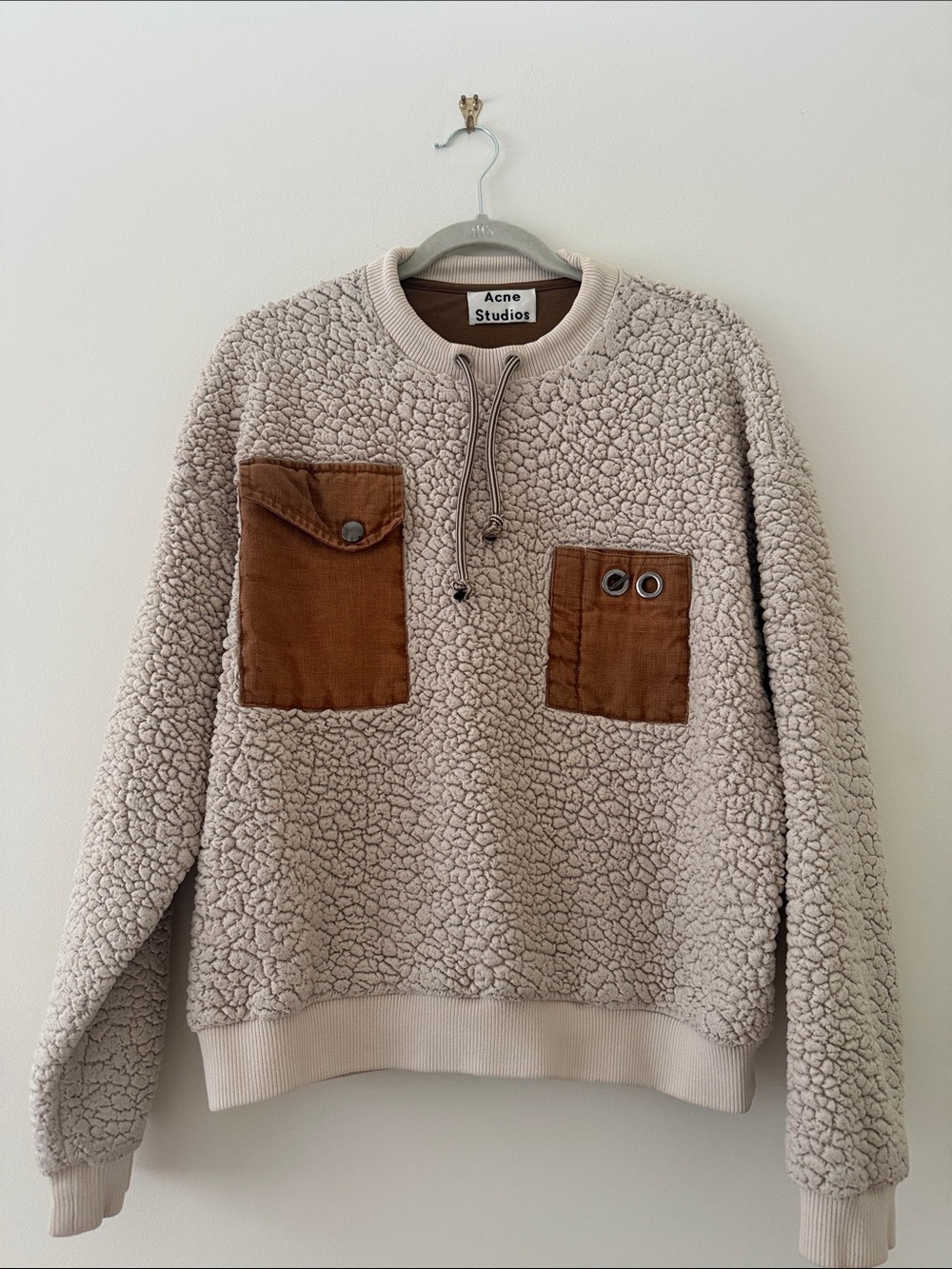 Acne Studios Beige Sherpa Crewneck with Brown Corduroy Pockets